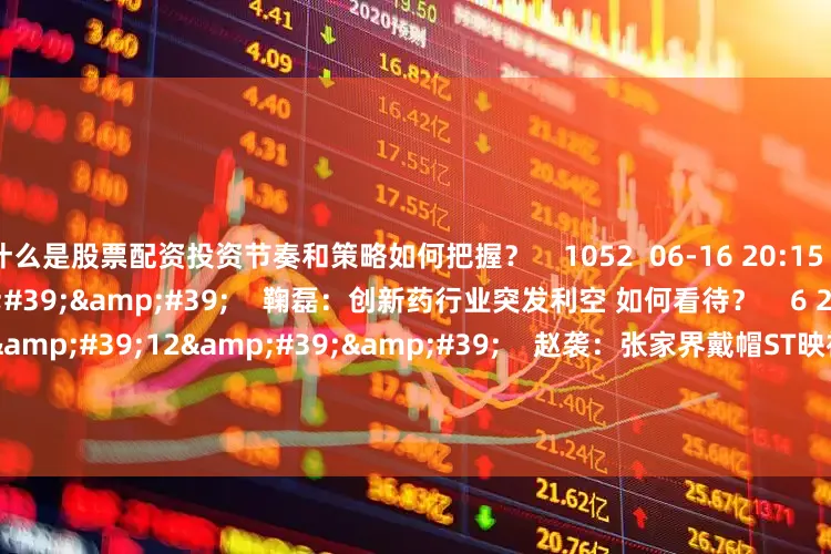什么是股票配资投资节奏和策略如何把握？    1052  06-16 20:15     06&#39;41&#39;&#39;    鞠磊：创新药行业突发利空 如何看待？    6 2596  05-12 21:46     01&#39;12&#39;&#39;    赵袭：张家界戴帽ST映衬旅游股的一个问题    2535  04-16 20: